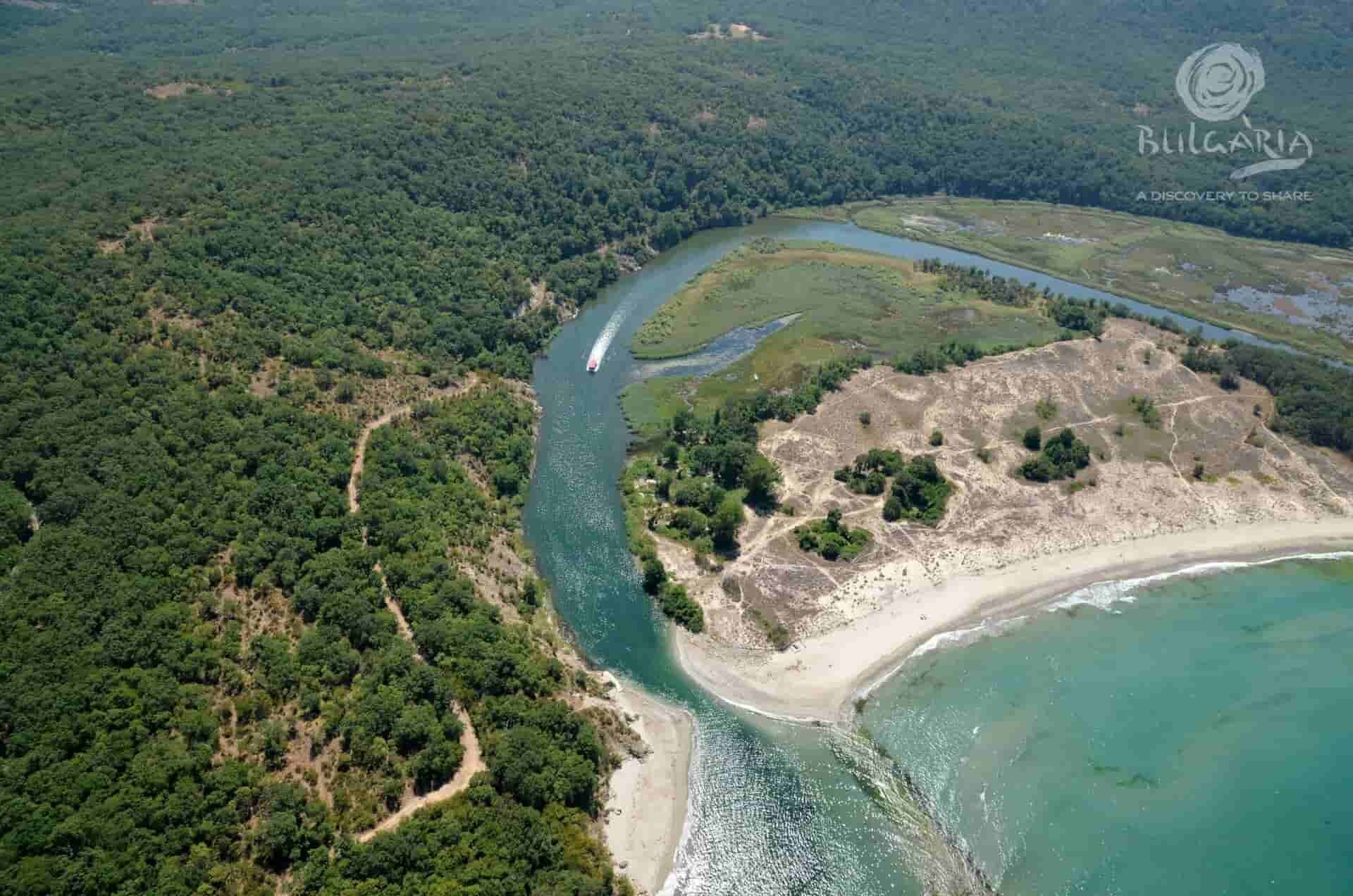 An aerial view of a serene river winding through a lush forest, with a beautiful sandy beach nestled alongside it.