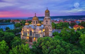 Bulgaria's city cathedral at sunset, showcasing its stunning architectural beauty.