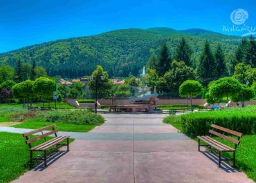 A serene park with benches and a central fountain, providing a peaceful and relaxing atmosphere.