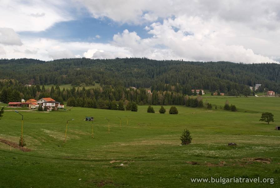 A serene green field with a house in the distance under a clear blue sky.