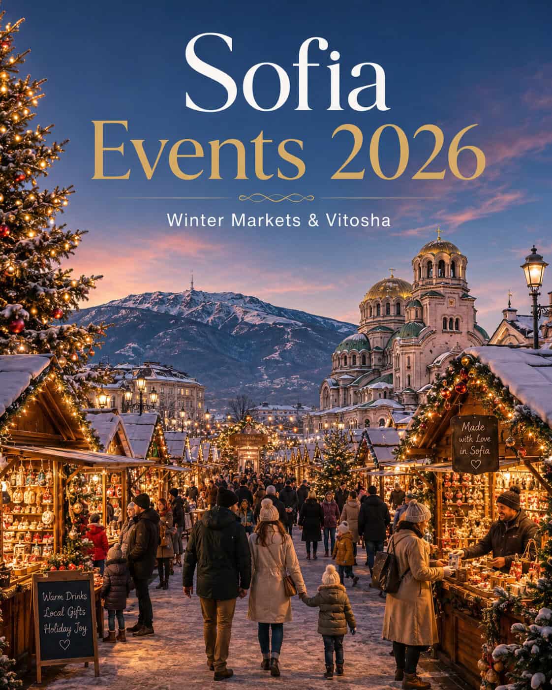 Sofia winter markets with Vitosha mountain — Christmas market scene at Alexander Nevsky
